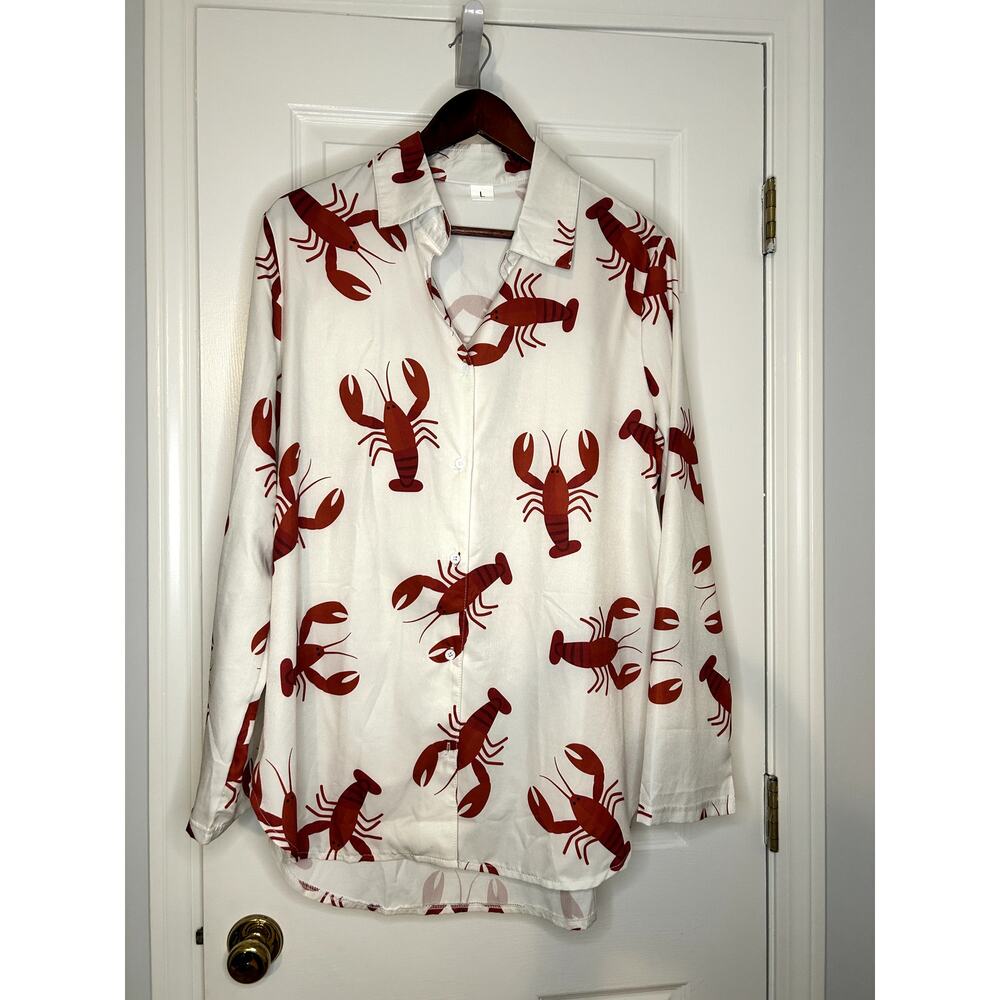 Lobster Print Button Up Shirt Womens Size Large Coastal Novelty Red White Blouse